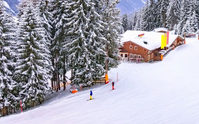 Piste de ski et chalet entre les sapins enneigés, dans les Alpes autrichiennes
